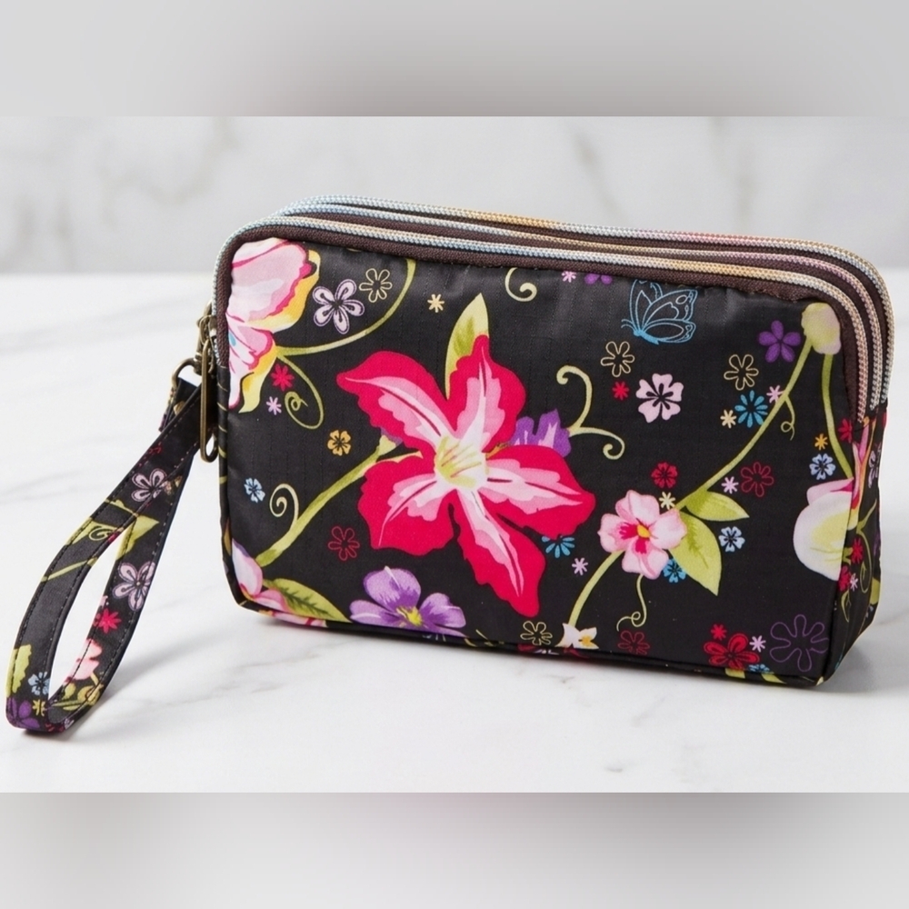 Floral Triple-Zip Wristlet Phone Concert Bag Boho Organizer Pouch Waterproof NWT